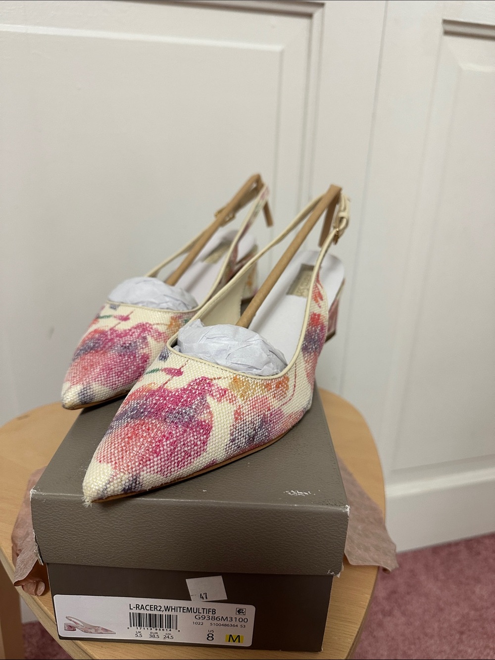 Franco Sarto Floral Pointed-Toe Slingback Heels in Pink, Cream, Gold